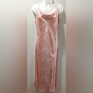 Peach Rose Print Adjustable Spaghetti Strap Cowl Neck Satin Split Midi Dress